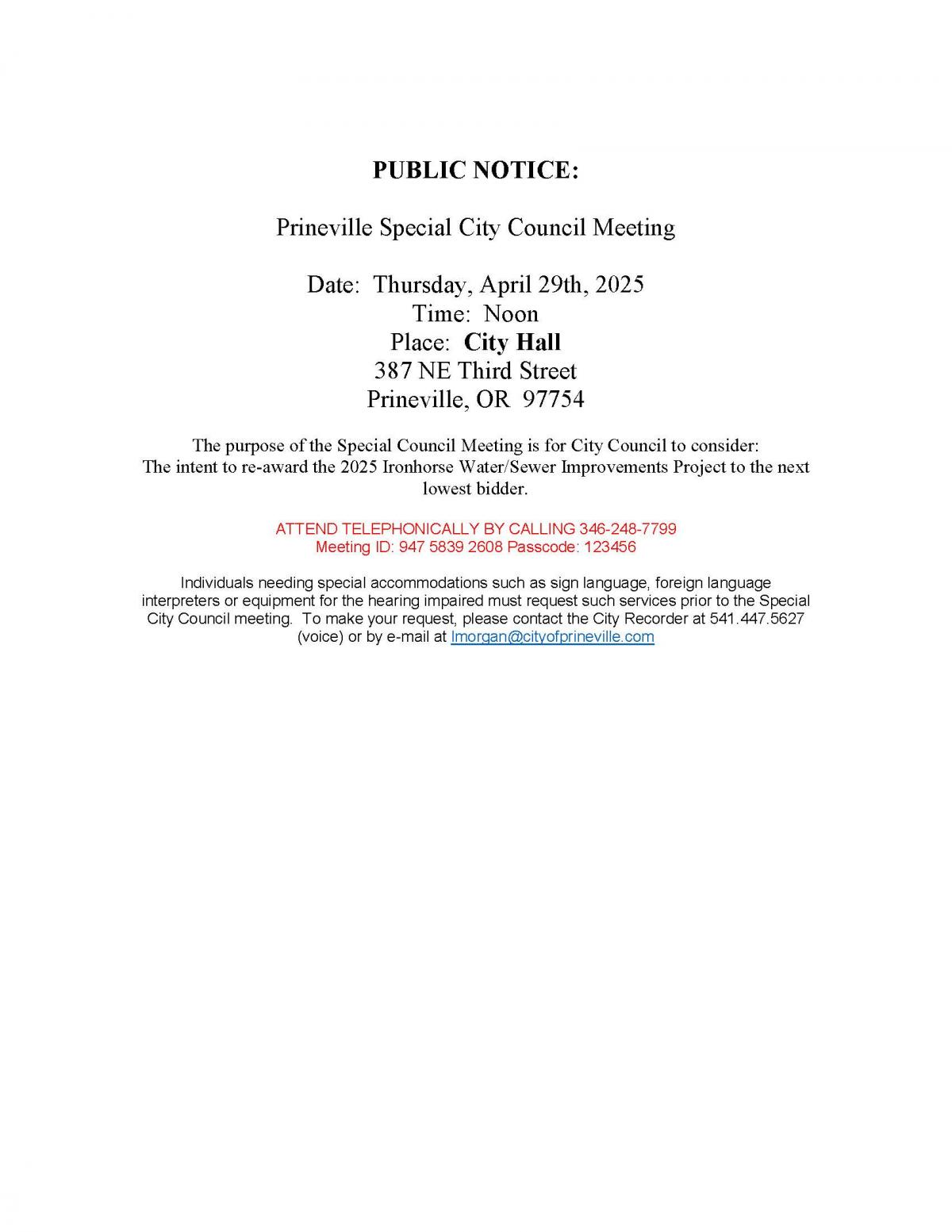 Public Notice - Special Council Meeting 4-29-2025