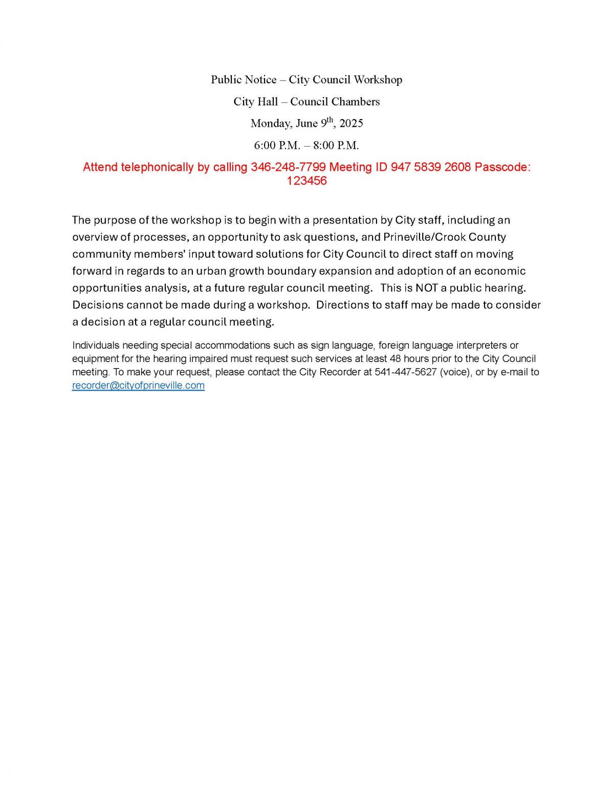 Public Notice - Council Workshop 6-9-2025