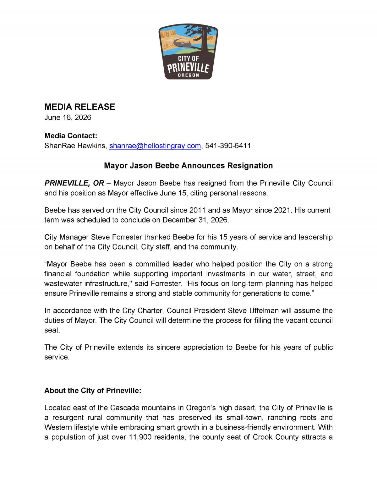 Media Release - Mayor Beebe Announces Resignation