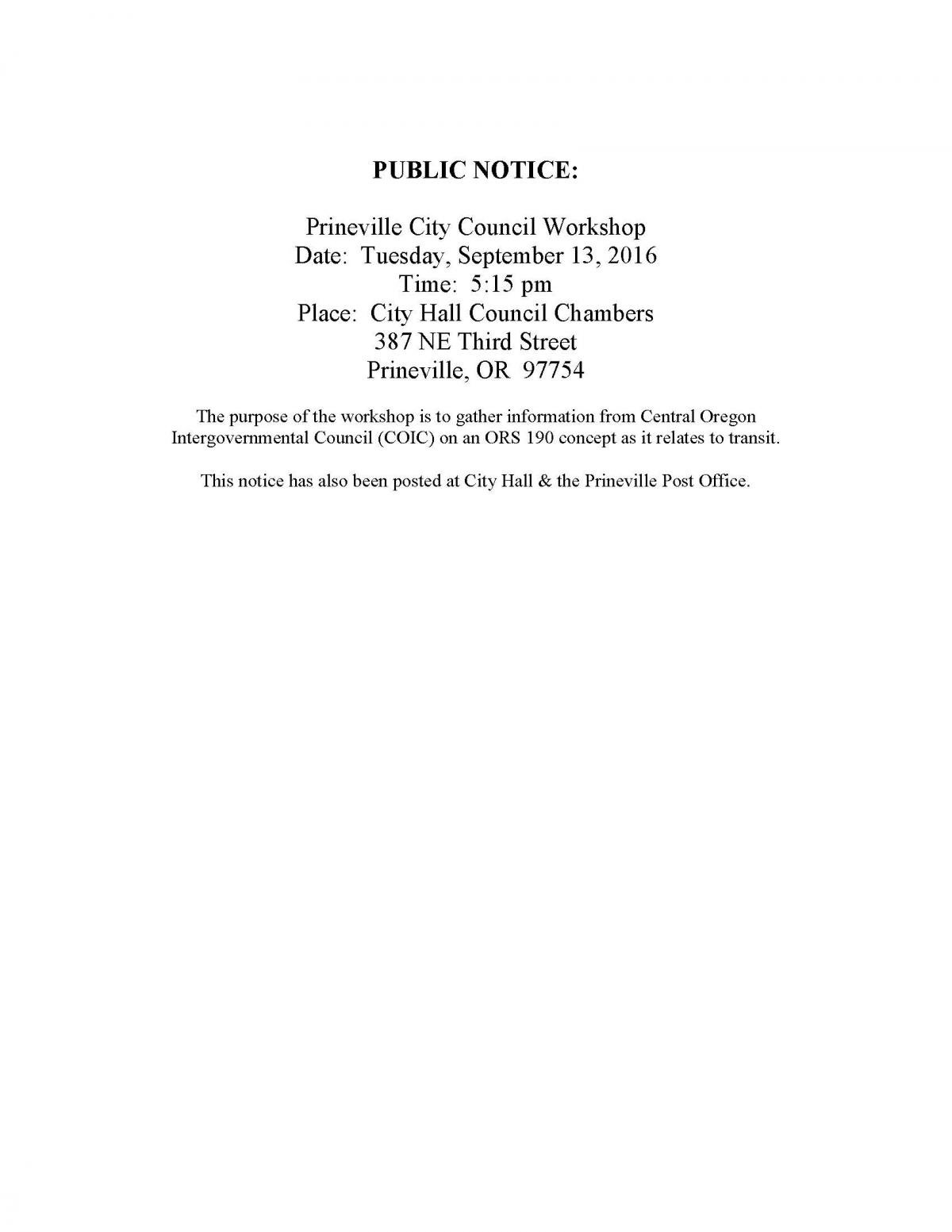  Public Notice - Council Workshop 9-13-16