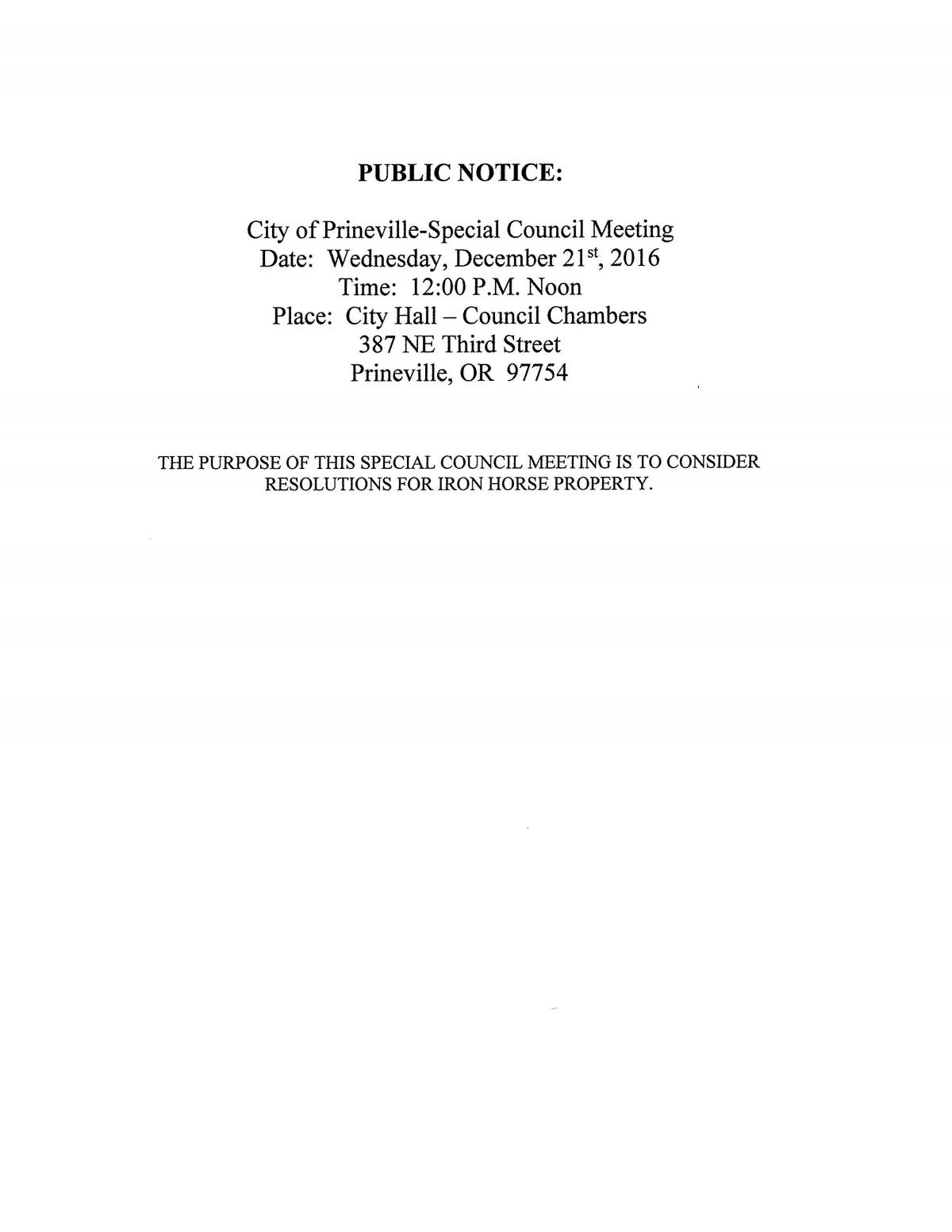 Public Notice - Special Council Meeting 12-21-16