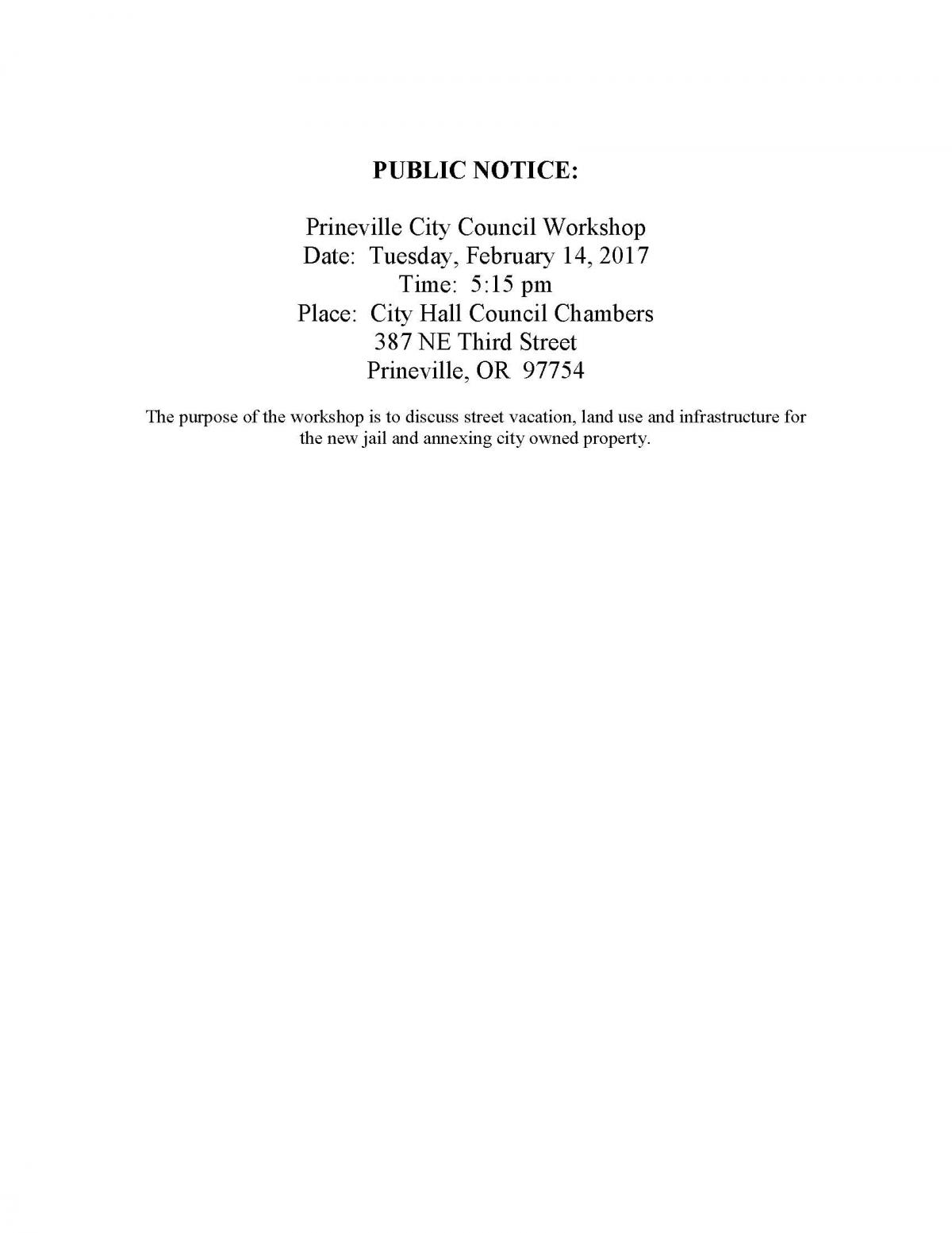 Public Notice - Council Workshop 2-14-17
