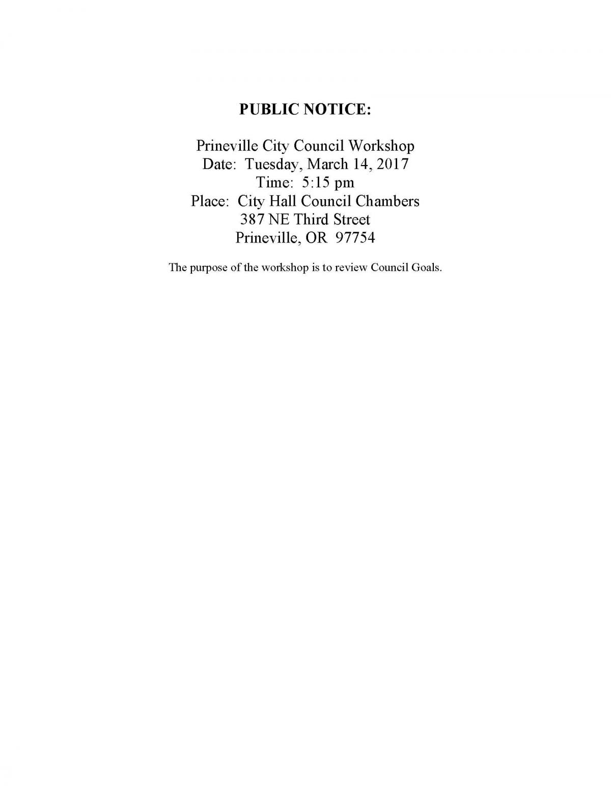 Public Notice - Council Workshop 3-14-17
