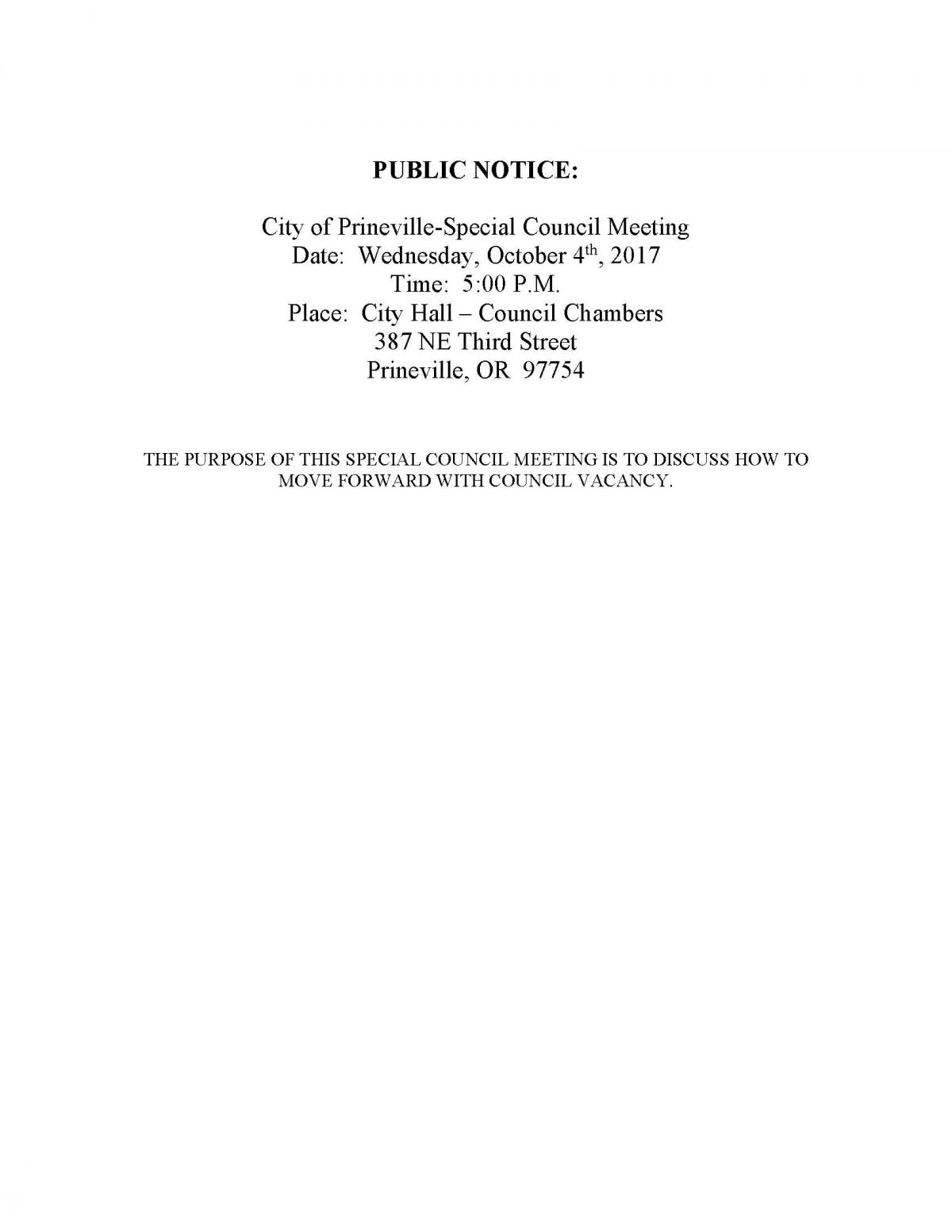 Public Notice - Special Council Meeting 10-4-17