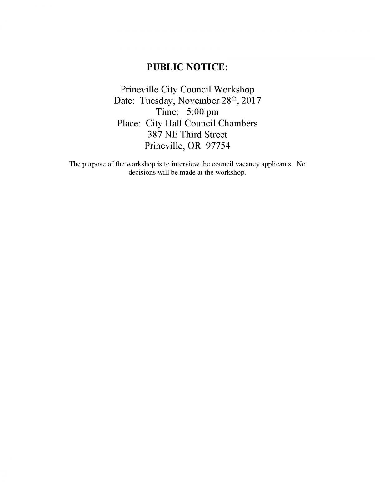 Public Notice Council Workshop 11-28-17