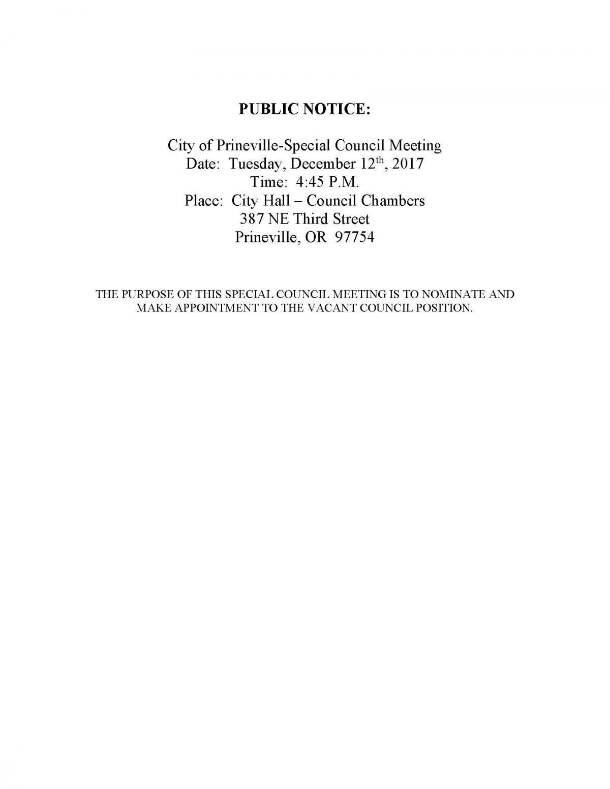 Public Notice - Special Council Meeting 12-12-17