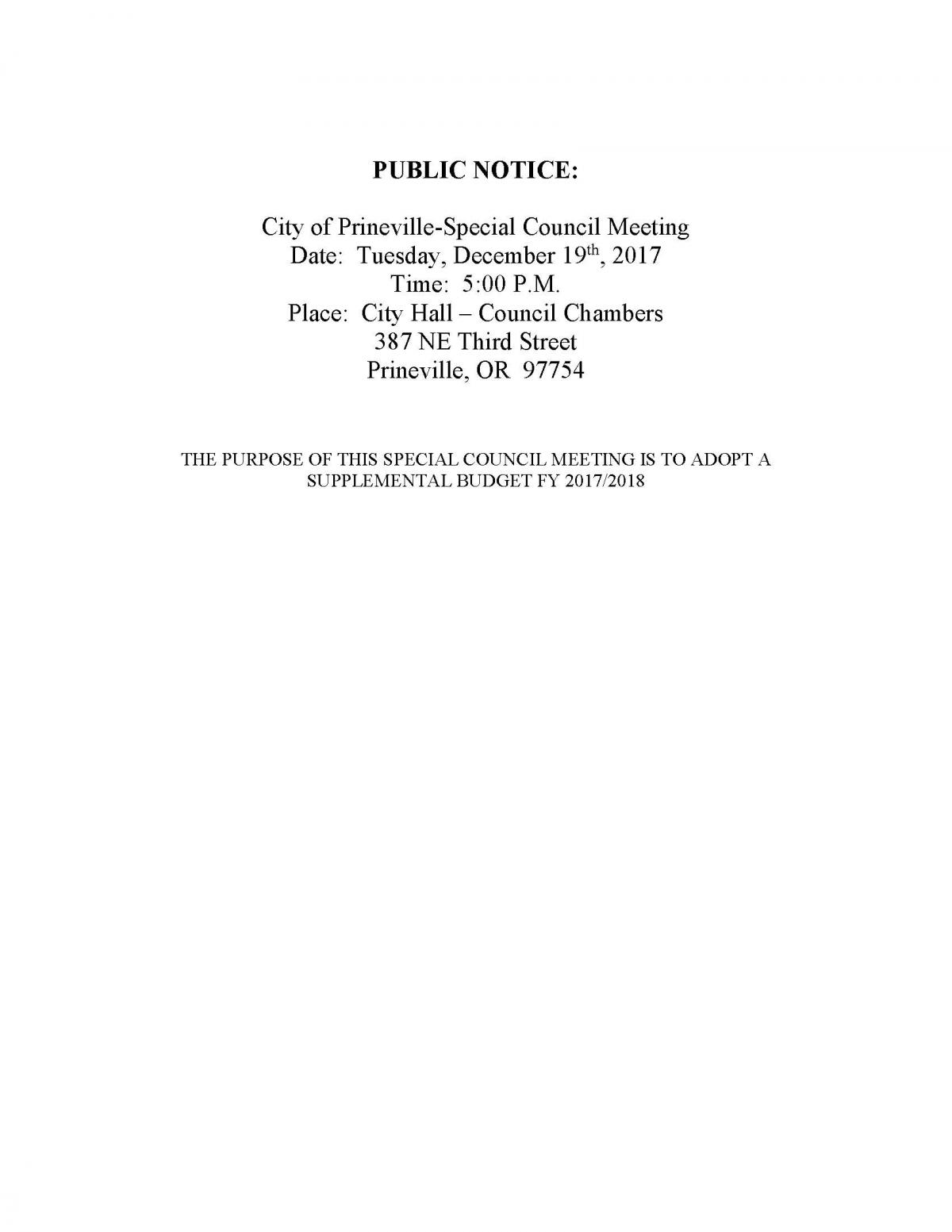Public Notice - Special Council Meeting 12-19-17