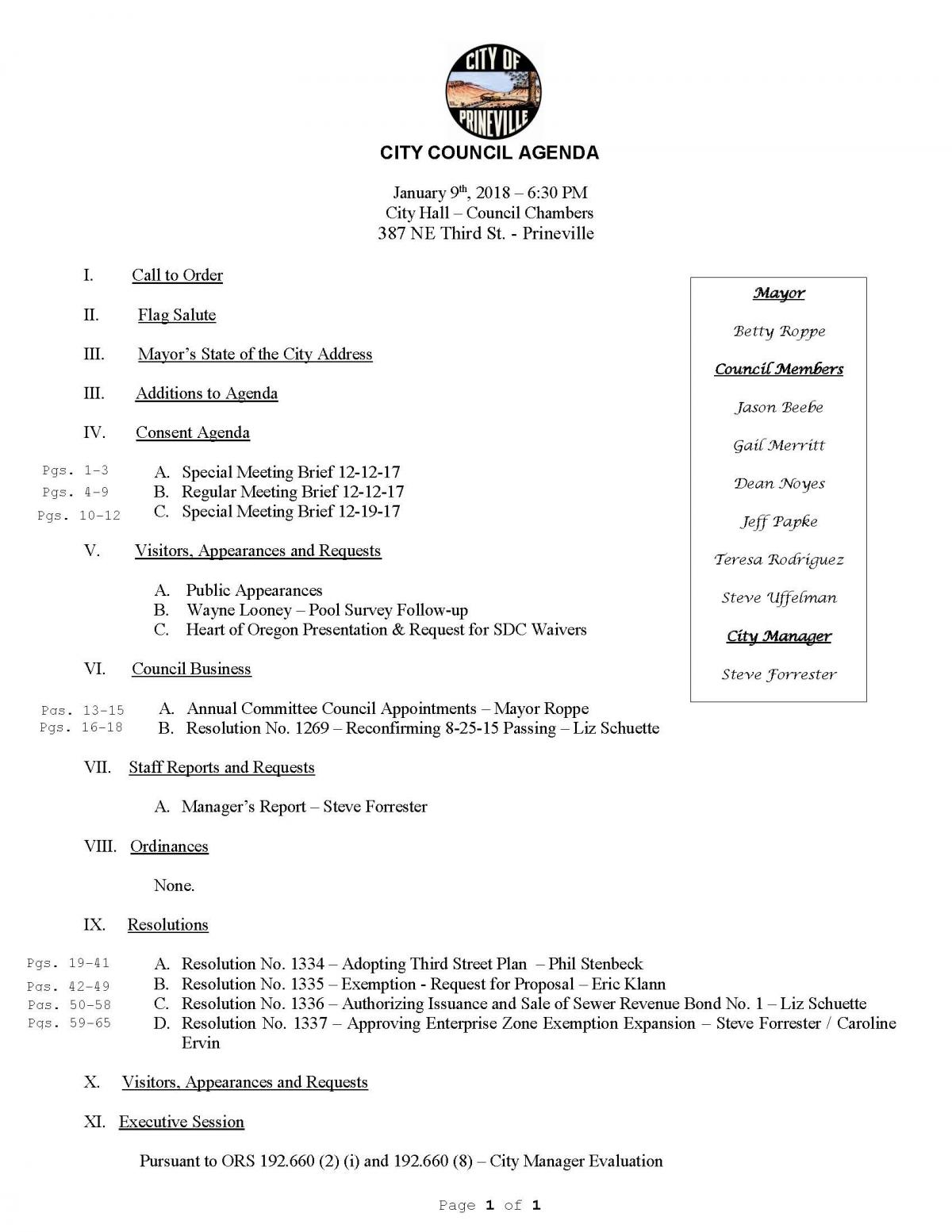 Council Agenda 1-9-18