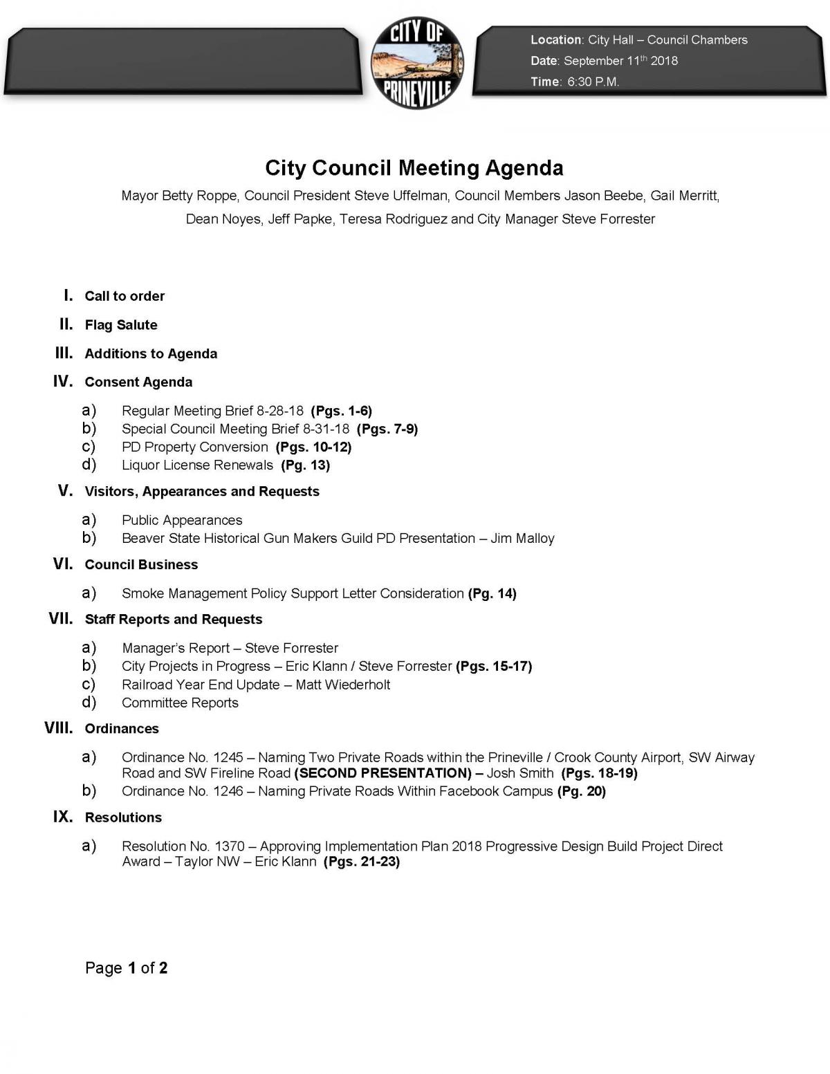 Council Agenda 9-11-18