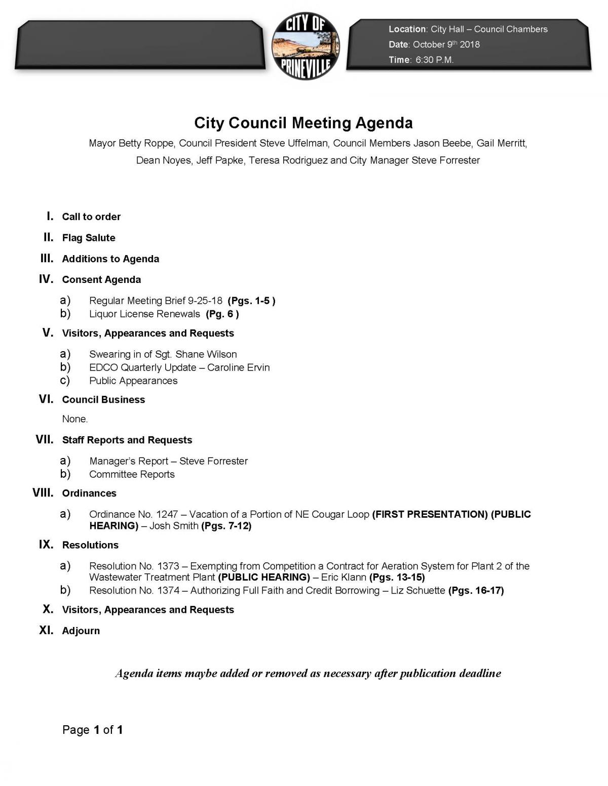 Council Agenda 10-9-18
