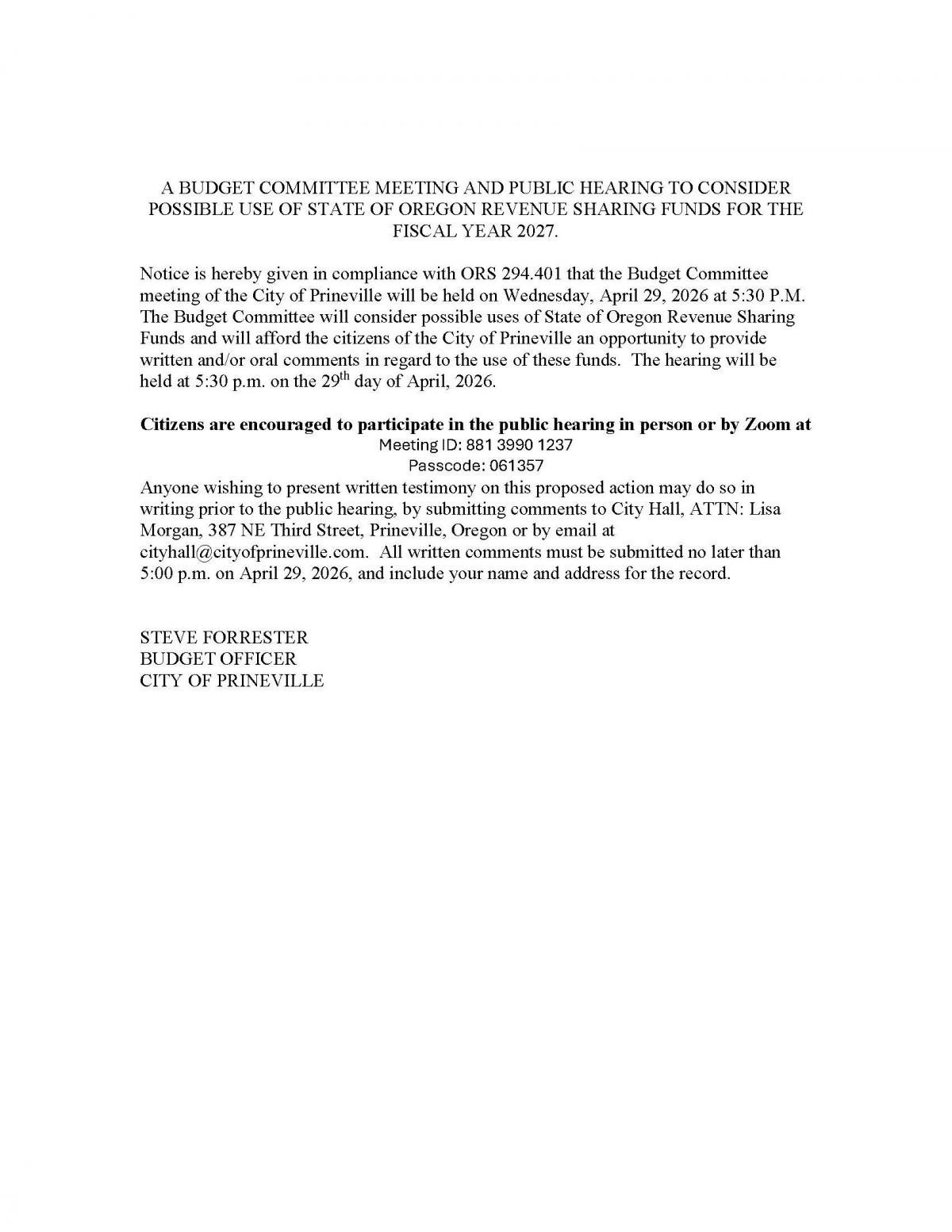 Budget Committee Public Hearing - Revenue Sharing