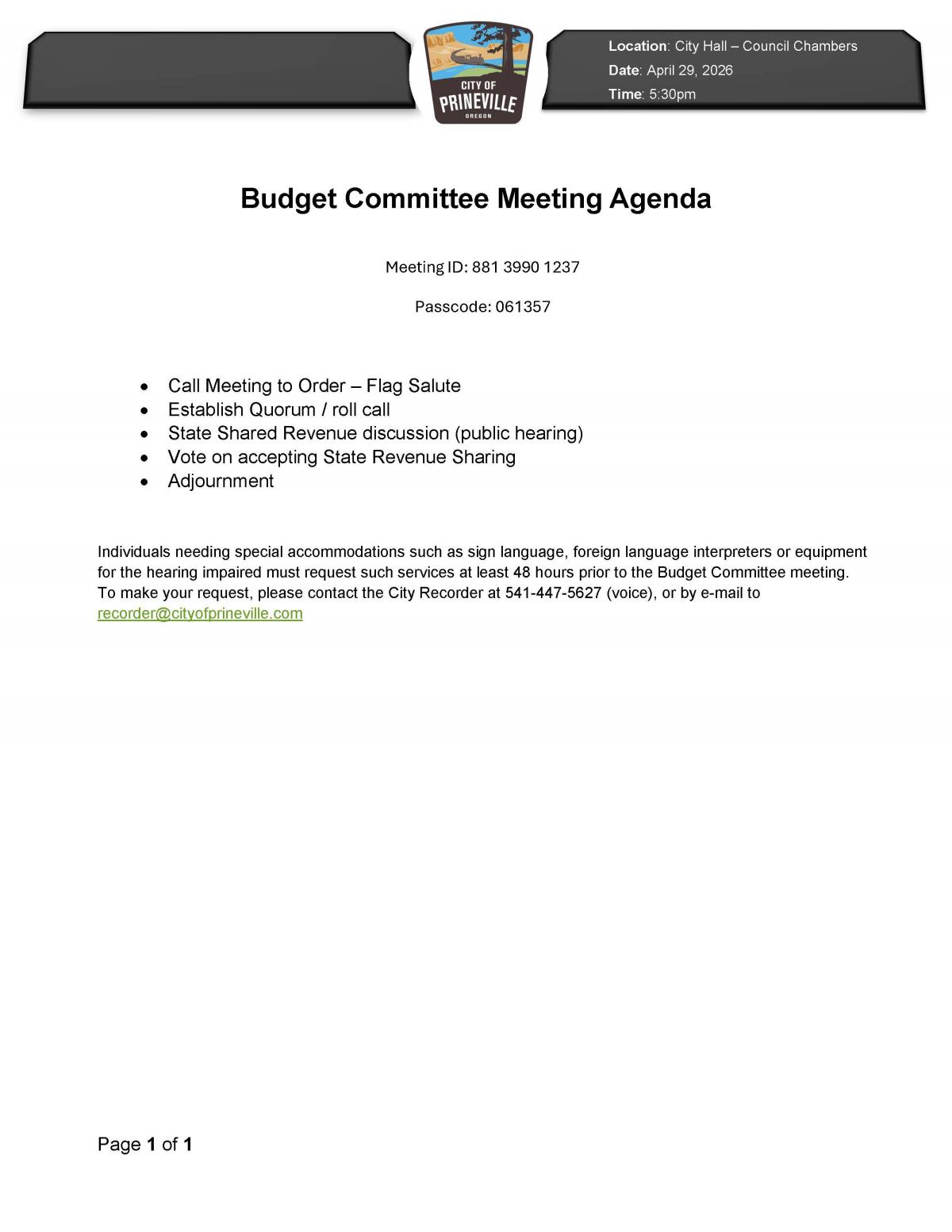 Budget Committee Meeting Agenda